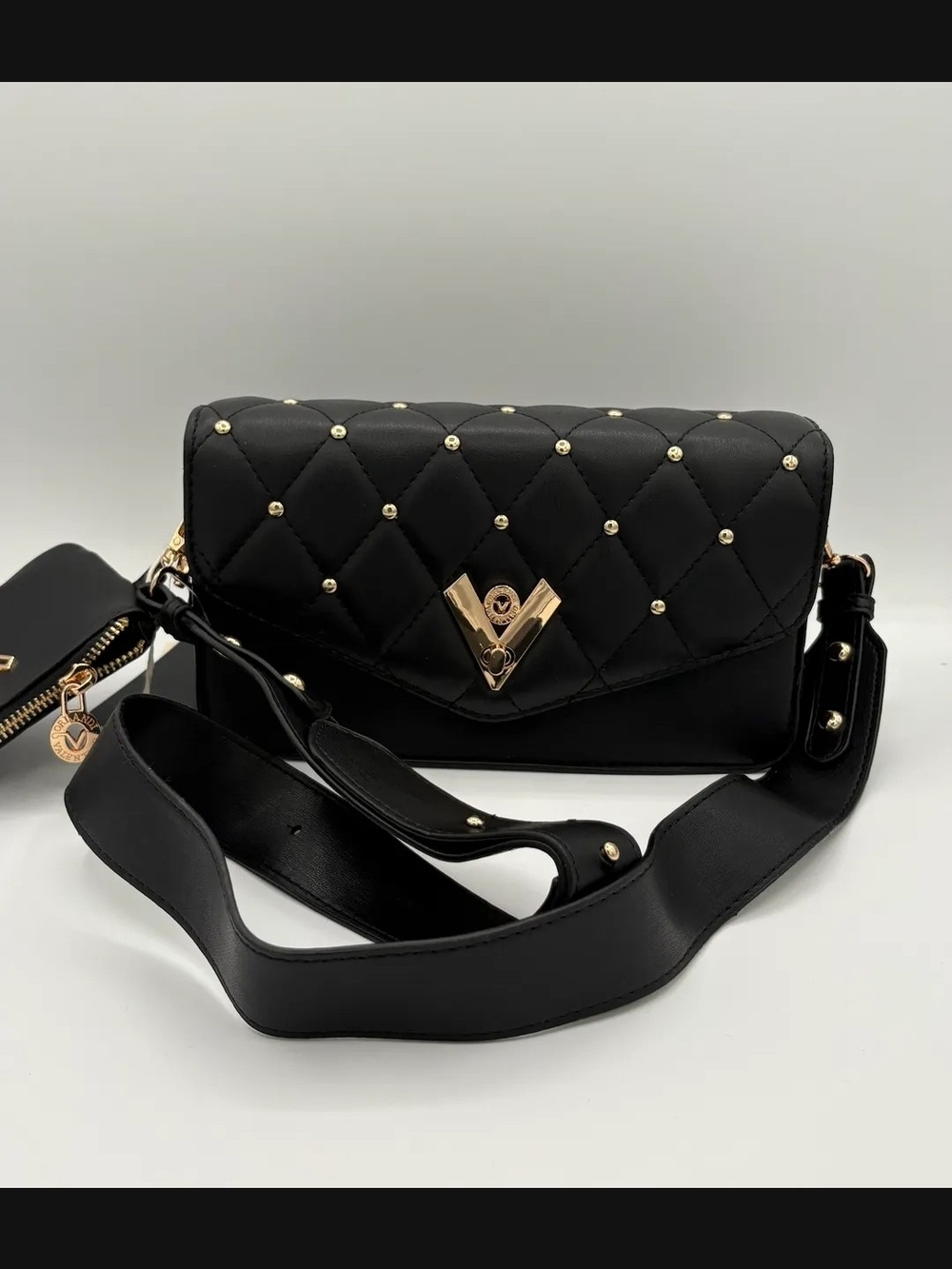 Valentino Orlandi Black Quilted Crossbody with Gold Hardware